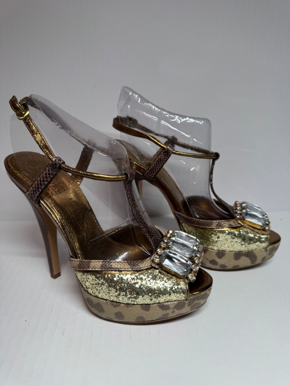 Vince Camuto Gold Jeweled Platform Heels | Gold Glitter T-Strap Maria Size 6